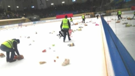 Ледовую арену усыпали мягкими игрушками после матча в Павлодаре