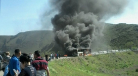 Пассажирский автобус сгорел на трассе в Алматинской области